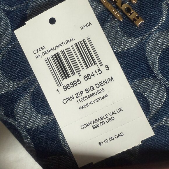 cz452 Coach Corner Zip Wristlet Cherry Charm Signature Denim & Vachetta Leather - Picture 5 of 7